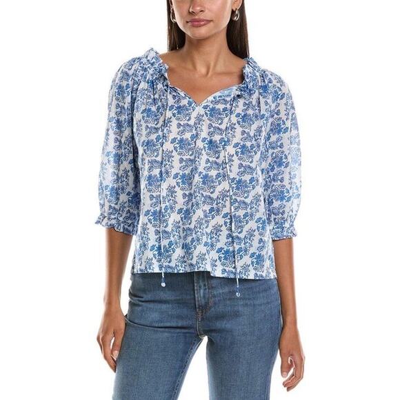 Ro’s Garden Blue Floral Peasant Blouse 3/4 Sleeve Tassel Tie Size M - Picture 1 of 9